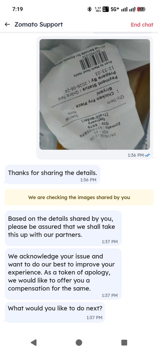 Micro2308's tweet photo. I ordered food from Zomato. Order No. #8274931074. I received wrong food and in chat support said, they will provide compansation. But I received nothing. Except bot nothing there to complaint.  No proper customer support from Zomato. Please provide my refund.
@zomatocare https://t.co/ggPHCyf6fv
