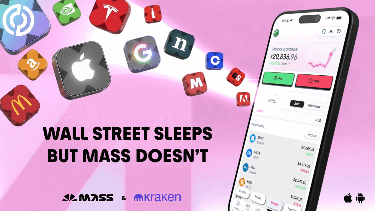massdotmoney's tweet photo. xStocks are live on Mass: trade Wall Street the crypto way!

Top companies and ETFs 24/5 + earn XPoints and Mass points on every trade🪂

Powered by @krakenfx, @xStocksFi  &amp; @inkonchain https://t.co/wwrxbTK0Mi