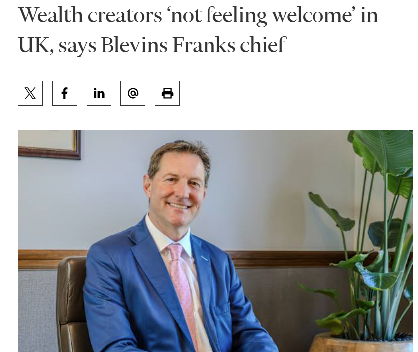 CutMyTaxUK's tweet photo. International advisory firm Blevins Franks is receiving a “rapidly growing number of inquiries” from people looking to move to Europe, with the “vast majority now citing tax & that slight feeling that in the UK they are not feeling welcome as a wealth creator or someone who has created wealth in their life,” said CEO James Roberts

“What governments in Europe are understanding is there is a competition, there is an international mobility now to wealthy individuals. And it is not just for multi-multi-millionaires, it is for people who have built a retirement pot of one to ten million pounds.”

Rather than wealth creation being seen as an “unalloyed pure good”, Roberts said wealth was “somehow something that is looked at from every angle to see how it can plug the gaps in deficits & spending that are in the UK budget”.