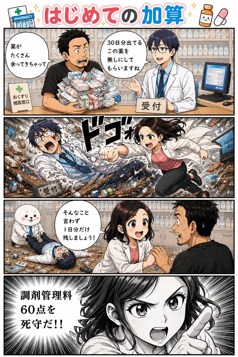 gude_gudelife's tweet photo. 🔰#若手薬剤師研修講座🔰

今回は調剤管理料についてです。
令和８年度改定で28日分を境に
・27日分以下→10点
・28日分以上→60点
と大きく差がつく形となりました。

「28日分以上の処方が残薬調整で27日分以下になったとしても、元々の60点を算定していい」と疑義解釈が出ていますので、そこはしっかりと押さえておきたいポイントですね。
つまり１日分でも残せばこの60点を算定できます。それに加えて薬剤調製料24点も算定できるため、計84点の差がつきますね。

この１日分残し(=処方削除しない)というのは批判されがちですが、次回の処方漏れを防ぐという意味もあります。それだけでなく、お薬手帳やマイナの記録にも残るため医療安全上のメリットもあります。残薬調整の事後報告では処方をゼロにできないのはそういった目的もあると思います。