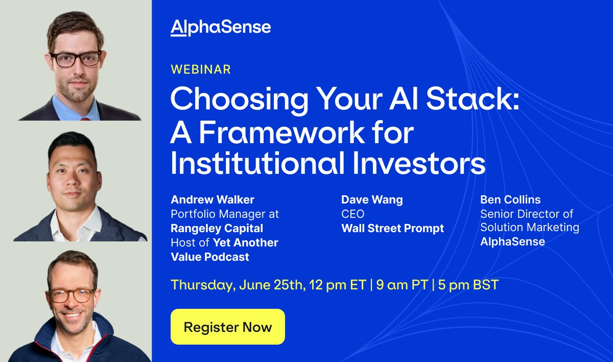 DaveWangMIA's tweet photo. If you're wondering "how" to design the right AI tool stack for buyside workflows, here it is:

Tomorrow I'm breaking down the fix in a free live session.

With Andrew Walker (Rangeley Capital) and Ben Collins (AlphaSense).

What we get into:

→ The 3-layer stack: base model, your data, private context
→ The 4-part test that vets any AI tool
→ Where AI breaks for finance
→ Common AI mistakes practitioners make

Thursday, June 25th.
12 pm ET | 9 am PT | 5 pm BST

Comment below and I'll send you the registration link.