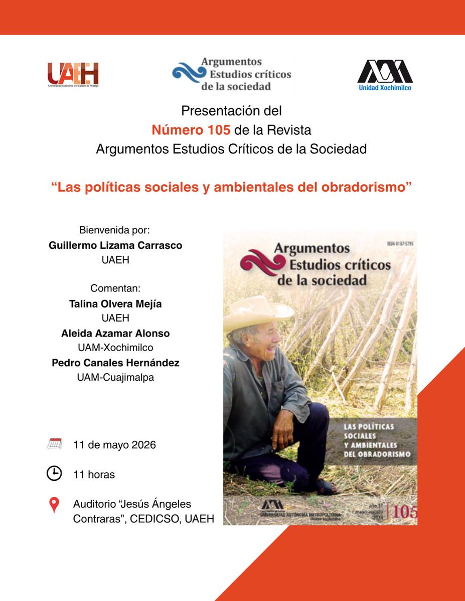 AleidaAzamarA's tweet photo. 📚🙋🏻‍♀️Presentamos la revista Argumentos: “Las políticas sociales y ambientales del obradorismo” en la Universidad Autónoma del Estado de Hidalgo🏫📖. Un gusto compartir con Talina Olvera y Pedro Canales este tema que vale mucho la pena discutir más ✨💬
👉https://t.co/VtDQUJE8pr https://t.co/bpL5tQTJsZ