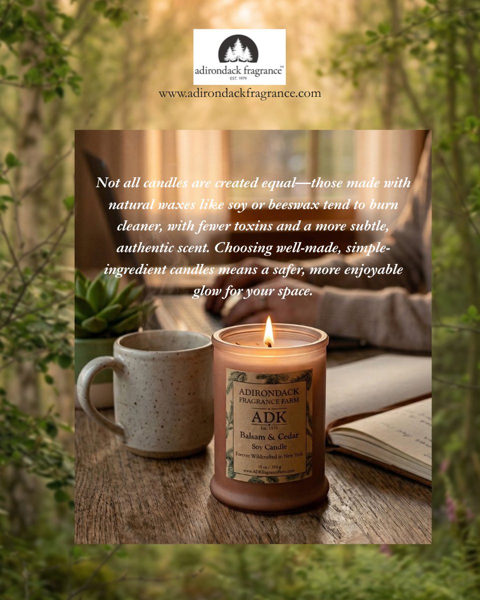 AdkFarm's tweet photo. Not all candles are created equal—those made with natural waxes like soy or beeswax tend to burn cleaner, with fewer toxins and a more subtle, authentic scent.

#scent #candles #adkfragrancefarm #adirondackfragrance https://t.co/9o9zk7ZwFF