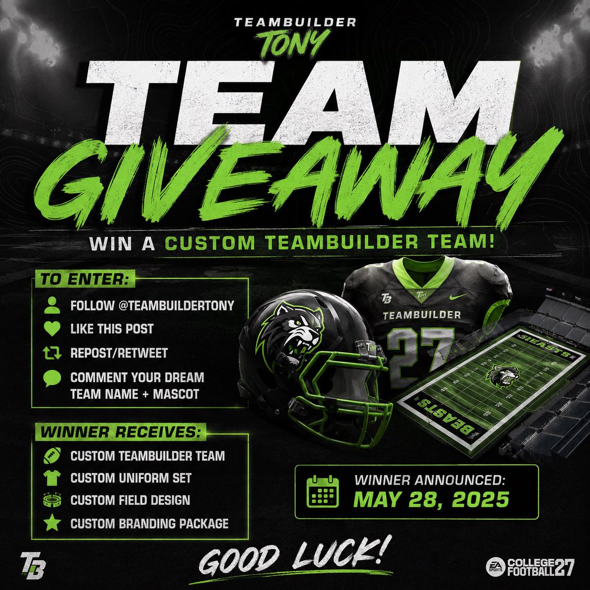 Teambuildertony's tweet photo. To celebrate hitting 200+ followers, I’m giving away 1 FREE CUSTOM TEAMBUILDER TEAM for CFB27.

To enter:
✅ Follow @TeambuilderTony
✅ Like this post
✅ Repost/Retweet
✅ Comment your dream team name + mascot https://t.co/RAYqhpLK0i