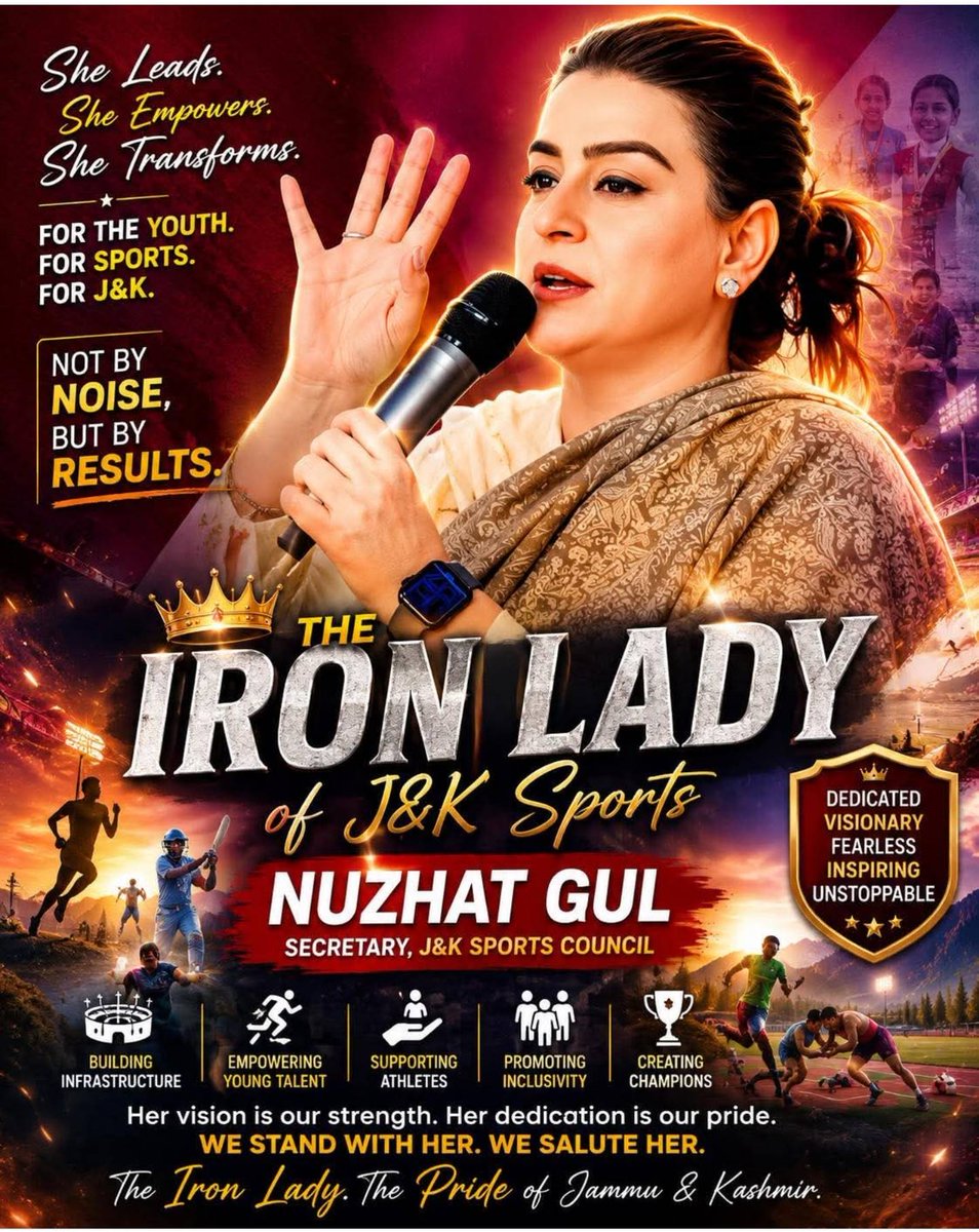 BilkeesJan123's tweet photo. We proudly stand with our respected Secretary, Ms. Nuzhat Gul — a true symbol of strength, vision, dedication, and excellence. Her unwavering commitment to empowering youth, supporting athletes, and transforming the sports landscape of Jammu &amp; Kashmir continues to inspire us all. https://t.co/4Sf8OsfIrx