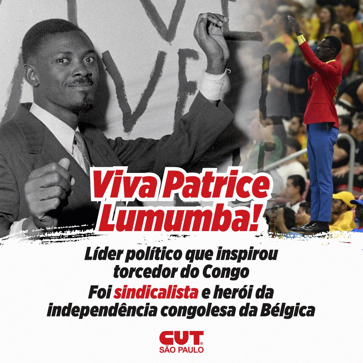 CUTsaopaulo's tweet photo. O torcedor congolês que está viralizando na Copa do Mundo chama atenção pelo gesto de permanecer imóvel durante os jogos — uma homenagem a Patrice Lumumba, uma das maiores lideranças da luta anticolonial africana. 

Patrice Lumumba vive! https://t.co/JeatYSiGrE