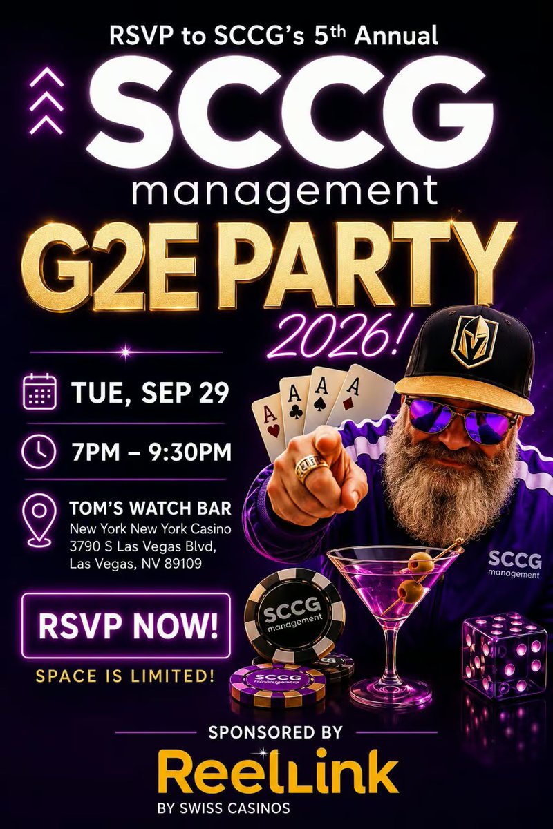 StephenACrystal's tweet photo. 🎉 The countdown to #G2E2026 is on! 🍸

Join @SCCG_Management at the 5th Annual G2E Party at Tom's Watch Bar @toms_lasvegas  in Las Vegas.

Connect with gaming leaders, innovators &amp; industry partners for a night of networking &amp; great conversations.

RSVP: https://t.co/jMeibXzNaH https://t.co/m2UsXmunzw