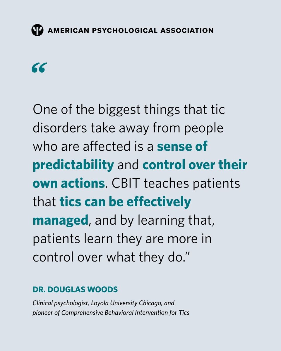 APA's tweet photo. People with chronic tics or Tourette’s disorder experience repetitive, uncontrolled movements or vocalizations that can range from mild to disruptive. While symptoms are neurobiological, behavioral treatments work best. Learn more: https://t.co/j4hUfnoYIW https://t.co/ZGv5nN2Bjx
