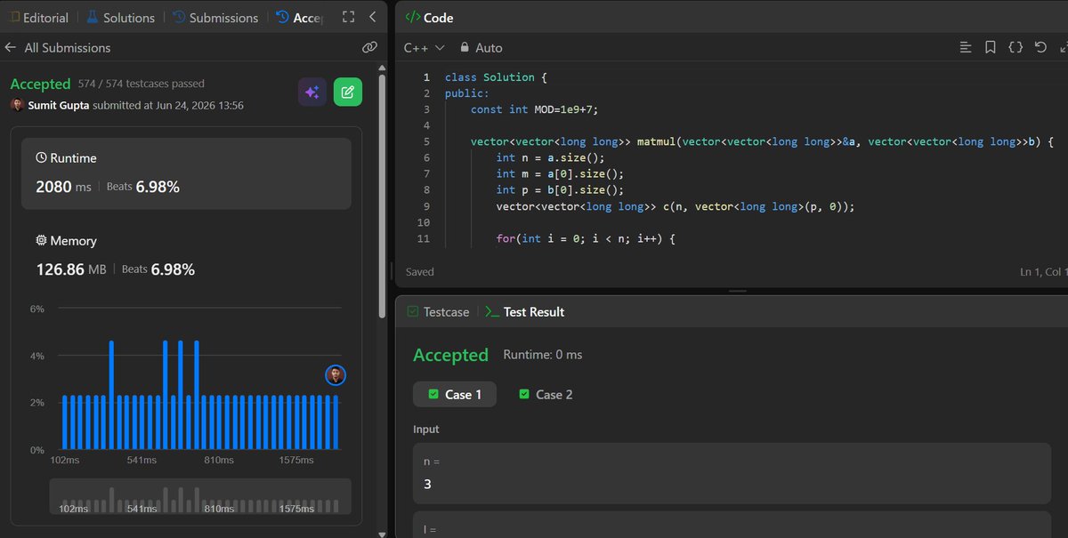 commitbackend's tweet photo. Day 6/100.

LeetCode: Cleared a matrix multiplication problem in C++. 
Codeforces: C - Train and Queries.Debugged and optimized through multiple TLEs before finally locking in the Accepted verdict.

Persistence is key.

#100DaysOfCode #LeetCode #Codeforces #Cpp https://t.co/BJoU8FHLBc
