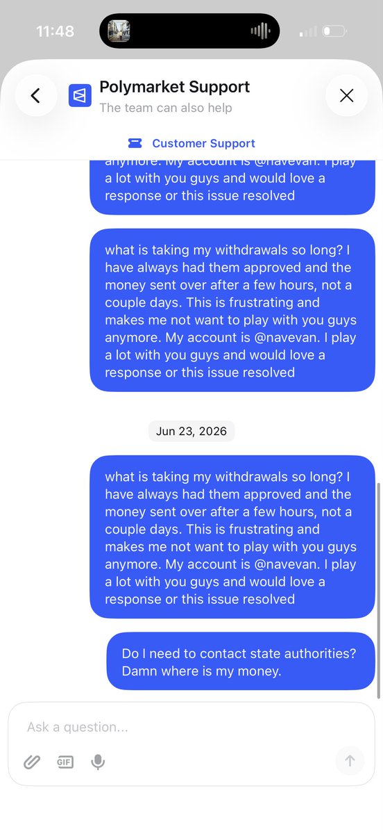 mikefox291's tweet photo. @PolymarketSport Reached out multiple times, no customer service and won’t pay me out but will boast 1m+ fake wagers https://t.co/YCtN3Mc3BP