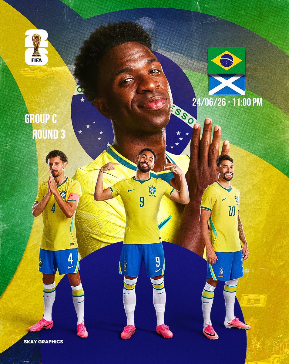 Olasunk20371355's tweet photo. Brazil Eye Knockout Spot Against Scotland
#Brazil #Selecao #BrazilVsScotland #BRAvSCO #WorldCup2026 #FIFAWorldCup #BrazilFootball #Canarinho #RoadToGlory #Matchday #Football #Soccer #BrazilNation #GameDay #ForcaBrasil #WorldCupJourney #ScotlandVsBrazil #GroupC #WinForBrazil https://t.co/FPvXQeSiNl
