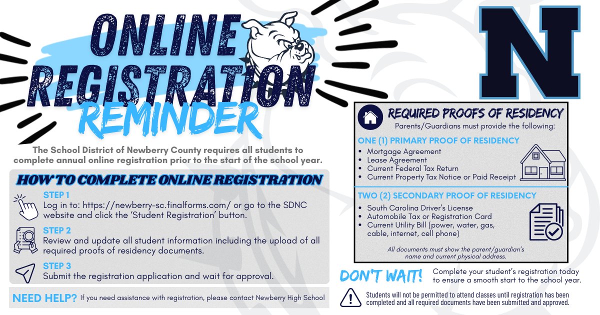 Newberry_HS's tweet photo. 📢ONLINE REGISTRATION REMINDER

The SDNC requires all students to complete annual online registration prior to the start of the school year.

Log in to: [https://t.co/9u4SyFdaIn](https://t.co/9u4SyFdaIn) or go to the SDNC website and click the “Student Registration” button. https://t.co/pQiE3OIcjX
