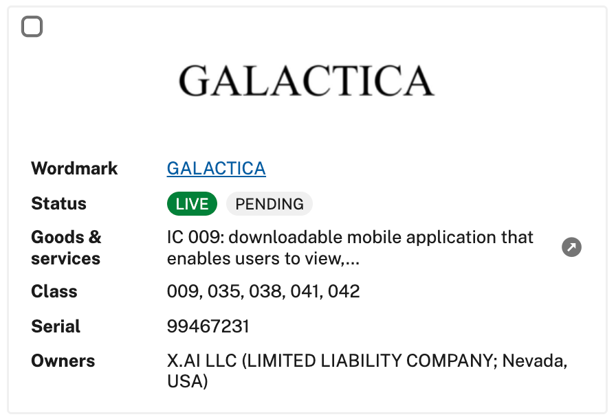 xdNiBoR's tweet photo. Fun fact, @xai also has (older) trademarks pending like "Galaxy Mind" and "Galactica" https://t.co/tWMnEiyJOz