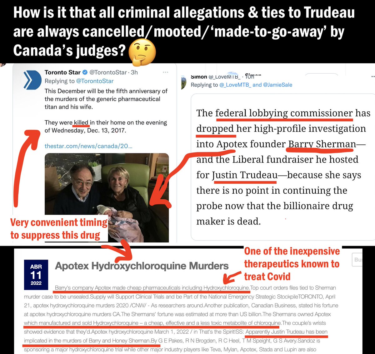 CryHarderLibtrd's tweet photo. @ValerieAnne1970 Did U know the maker of Hydroxychloroquine, Apotex, was owned by this man👇Barry Sherman?
He and his wife were murdered execution style in Toronto a couple of years before Covid. Trudeau was supposed to be investigated JUST BEFORE shutting courts down for the fake Covid pandemic https://t.co/XE9KLQLiIg