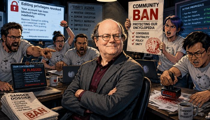 OpIndia_com's tweet photo. Wikipedia has banned co-founder Larry Sanger after he challenged its Leftist censorship, anti-Hindu bias and anonymous editorial control.

Jimmy Wales called the ban “ludicrous”, but editors went ahead and used Sanger’s defence, including his support for OpIndia, against him.

Read how OpIndia’s dossier had already exposed Wikipedia’s source blacklisting, ideological gatekeeping and institutional bias.

writes @LekhakAnurag 

https://t.co/IKJmGCUhB1