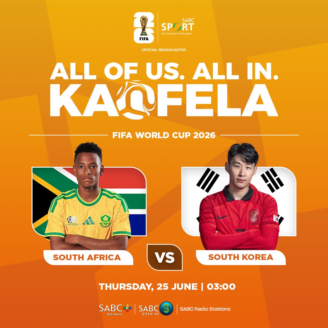 SABCPlus's tweet photo. Final group stage push! Bafana Bafana face South Korea in their third Group A fixture. 

Kickoff at 03:00 on Thursday, 25 June. 

Stream the game LIVE on SABC+, subscription-free!