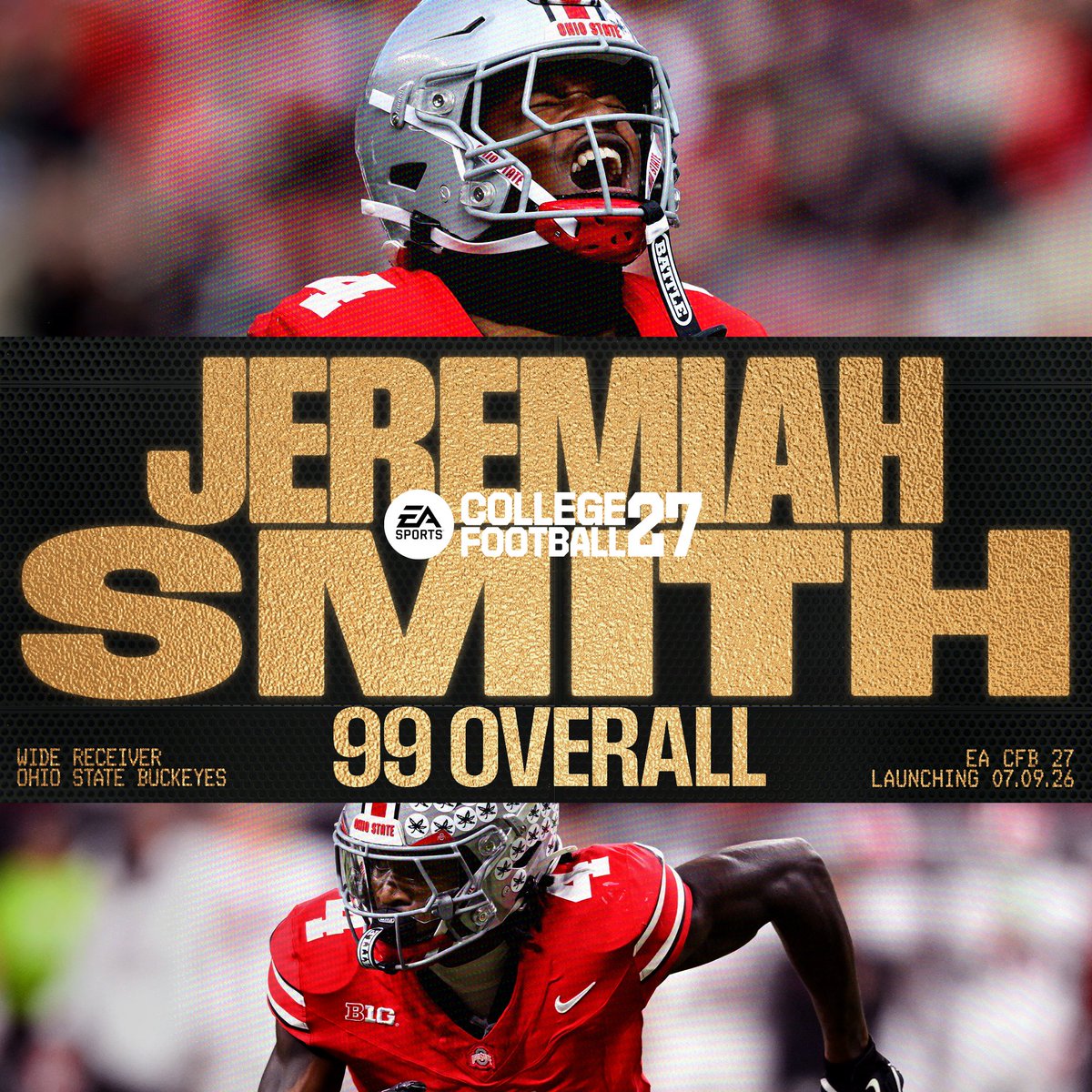 EASPORTSCollege's tweet photo. 📈  The first ever 99 OVR at launch belongs to Jeremiah Smith. #CFB27 

Become an MVP+ Member by 7/1 for 7-Day Early Access. https://t.co/gUyVcDHIEK