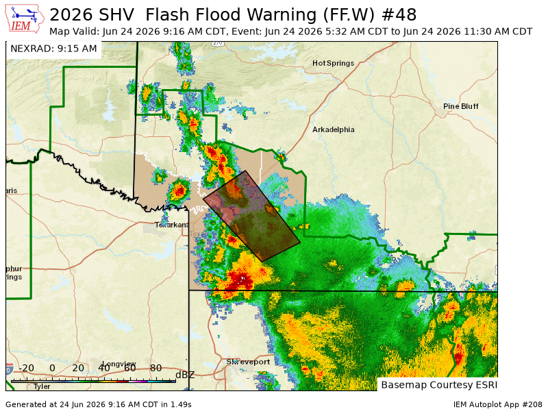 ArklatexWX's tweet photo. SHV extends time of Flash Flood Warning [flash flood: radar indicated] for Columbia, Hempstead, Lafayette, Little River, Miller, Nevada [AR] till Jun 24, 11:30 AM CDT https://t.co/JWrqsTuLBB https://t.co/ucRWmkaREa