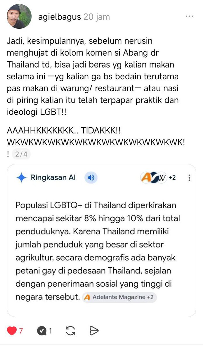 ryyo_aja's tweet photo. Ini sedikit tamparan bagi lu yang mau menjadikan negar indonesia ini menjadi negara islam (syariah).

Jika kalian menuntut syariat Islam ditegakkan secara total di Indonesia karena menganggap nilai Barat/LGBTQ merusak moral, maka tuntutan itu harus selaras dengan gaya hidup kalian. Kebanyakan aktivis hari ini mengalami split-personality (kepribadian ganda): di medsos menghujat LGBTQ, tapi HP yang lu pake buatan Apple, tontonannya Netflix, dan musiknya dari musisi yang menyumbang jutaan dolar untuk kampanye LGBTQ. Jika hal sekecil memboikot hiburan (cancel culture) demi prinsip moral saja kalian gagal karena saking bergantungnya pada industri mereka, bagaimana kalian bisa konsisten menegakkan sistem yang totaliter?

Menjadikan Indonesia negara syariah yang anti-Barat/anti-LGBTQ di era globalisasi adalah sebuah utopia yang hipokrit. Faktanya, ketahanan pangan kita rapuh. Kita masih makan nasi dari Thailand, negara yang melegalkan pernikahan sesama jenis. Jika kalian konsisten dengan narasi 'tidak boleh mendukung atau memberi panggung pada kaum yang mengesahkan LGBTQ', maka demi prinsip itu kalian harus siap kelaparan atau mengisolasi ekonomi negara ini dari rantai pasok global. Selama kalian masih bergantung pada beras dan teknologi dari negara-negara tersebut, narasi anti-LGBTQ kalian hanyalah kosmetik politik yang standar ganda😂😂

Jadi buat lu homophobia, jangan sok sokan mau jadiin negara indonesia menjadi negara syariah, kalo lu pada masih makan nasi dari negara yang mendukung lgbtq

Mengubah sistem sebuah negara besar seperti Indonesia yang sangat bergantung pada rantai pasok global dan memiliki populasi yang majemuk bukan sekadar urusan mengubah teks undang-undang. Ada harga ekonomi, teknologi, dan pangan yang sangat mahal yang harus dibayar jika suatu negara memilih untuk menerapkan standar ideologi yang kaku dalam hubungan internasionalnya.

Kalau argumen kalian cuma "ini proses bertahap dan sekarang masih kondisi darurat", brarti kalian menggunakan logika yang terbalik😂. Menuntut perubahan sistem negara yang totaliter (top-down) tanpa punya kemandirian pangan dan teknologi terlebih dahulu adalah tindakan bunuh diri massal.
Jika kalian memang konsisten, buktikan dulu proses bertahap itu dari bawah (bottom-up): bikin HP alternatif muslim, boikot Netflix hari ini juga, dan swasembada beras dulu sampai kita gak butuh Thailand. Kalau hal-hal mendasar itu belum mampu kalian wujudkan saat ini, maka narasi 'menuju negara syariah' hanyalah jualan politik utopis yang tidak punya cetak biru (blueprint) nyata.

poin inti : gerakan lu pada sekarang gak realistis, penuh standar ganda, dan hanya berani galak di level kata-kata, tapi gak berdaya ketika dihadapkan pada realitas pasar global dan isi piring nasi kalian sendiri.