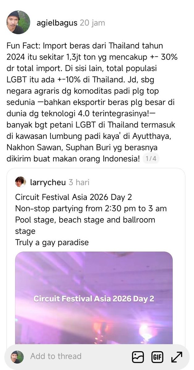 ryyo_aja's tweet photo. Ini sedikit tamparan bagi lu yang mau menjadikan negar indonesia ini menjadi negara islam (syariah).

Jika kalian menuntut syariat Islam ditegakkan secara total di Indonesia karena menganggap nilai Barat/LGBTQ merusak moral, maka tuntutan itu harus selaras dengan gaya hidup kalian. Kebanyakan aktivis hari ini mengalami split-personality (kepribadian ganda): di medsos menghujat LGBTQ, tapi HP yang lu pake buatan Apple, tontonannya Netflix, dan musiknya dari musisi yang menyumbang jutaan dolar untuk kampanye LGBTQ. Jika hal sekecil memboikot hiburan (cancel culture) demi prinsip moral saja kalian gagal karena saking bergantungnya pada industri mereka, bagaimana kalian bisa konsisten menegakkan sistem yang totaliter?

Menjadikan Indonesia negara syariah yang anti-Barat/anti-LGBTQ di era globalisasi adalah sebuah utopia yang hipokrit. Faktanya, ketahanan pangan kita rapuh. Kita masih makan nasi dari Thailand, negara yang melegalkan pernikahan sesama jenis. Jika kalian konsisten dengan narasi 'tidak boleh mendukung atau memberi panggung pada kaum yang mengesahkan LGBTQ', maka demi prinsip itu kalian harus siap kelaparan atau mengisolasi ekonomi negara ini dari rantai pasok global. Selama kalian masih bergantung pada beras dan teknologi dari negara-negara tersebut, narasi anti-LGBTQ kalian hanyalah kosmetik politik yang standar ganda😂😂

Jadi buat lu homophobia, jangan sok sokan mau jadiin negara indonesia menjadi negara syariah, kalo lu pada masih makan nasi dari negara yang mendukung lgbtq

Mengubah sistem sebuah negara besar seperti Indonesia yang sangat bergantung pada rantai pasok global dan memiliki populasi yang majemuk bukan sekadar urusan mengubah teks undang-undang. Ada harga ekonomi, teknologi, dan pangan yang sangat mahal yang harus dibayar jika suatu negara memilih untuk menerapkan standar ideologi yang kaku dalam hubungan internasionalnya.

Kalau argumen kalian cuma "ini proses bertahap dan sekarang masih kondisi darurat", brarti kalian menggunakan logika yang terbalik😂. Menuntut perubahan sistem negara yang totaliter (top-down) tanpa punya kemandirian pangan dan teknologi terlebih dahulu adalah tindakan bunuh diri massal.
Jika kalian memang konsisten, buktikan dulu proses bertahap itu dari bawah (bottom-up): bikin HP alternatif muslim, boikot Netflix hari ini juga, dan swasembada beras dulu sampai kita gak butuh Thailand. Kalau hal-hal mendasar itu belum mampu kalian wujudkan saat ini, maka narasi 'menuju negara syariah' hanyalah jualan politik utopis yang tidak punya cetak biru (blueprint) nyata.

poin inti : gerakan lu pada sekarang gak realistis, penuh standar ganda, dan hanya berani galak di level kata-kata, tapi gak berdaya ketika dihadapkan pada realitas pasar global dan isi piring nasi kalian sendiri.