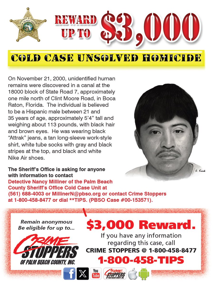 PBCountySheriff's tweet photo. More than 25 years ago, unidentified human remains were discovered in a canal near the 18000 block of State Road 7 in Boca Raton. Investigators believe the victim was a Hispanic male between 21 and 35 years old. More than two decades later, his identity remains unknown. A reward of up to $3,000 is available for information that helps identify the victim or moves this investigation forward. If you have information, contact PBSO Detective Nancy Milliner at (561) 688-4003 or remain anonymous through Crime Stoppers at 1-800-458-TIPS (tel:1-800-458-TIPS) (8477).