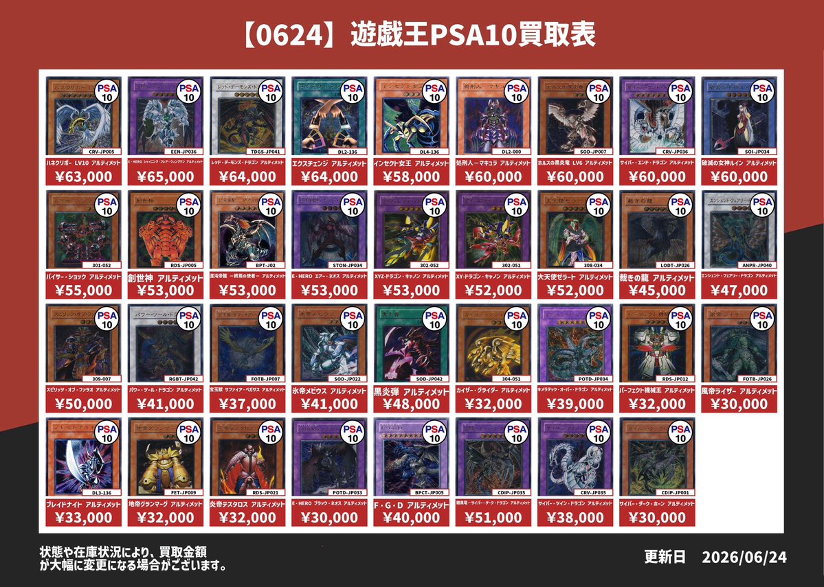 遊戯王PSA10買取表