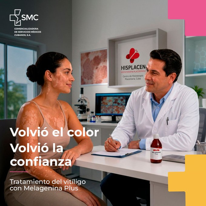 SMCCAV's tweet photo. La piel también refleja salud y bienestar. 

En Cuba, la colaboración entre Servicios Médicos Cubanos y BioCubaFarma integra terapias para vitíligo, psoriasis y alopecia, con enfoque personalizado. https://t.co/JuAJUrk2De