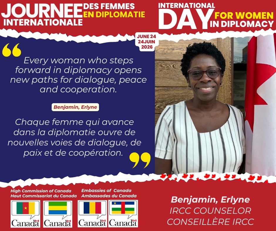 CanadaCameroun's tweet photo. 🇨🇦au🇨🇲🇹🇩🇬🇦🇨🇫 En cette #Journée_Internationale_des_Femmes_dans_la_Diplomatie, Erlyne Benjamin, conseillère #IRCC au Haut-commissariat du🇨🇦, met en lumière le fait que  « Chaque femme qui avance dans la diplomatie ouvre de nouvelles voies de dialogue, de paix et de coopération. » https://t.co/qeHRMtJ9ji