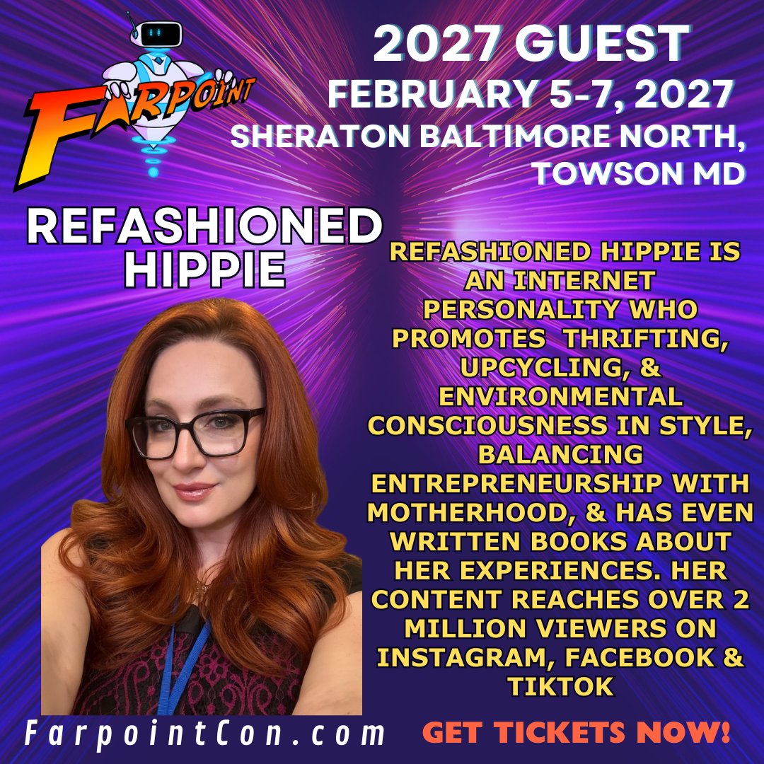 FarpointCon's tweet photo. Refashioned Hippie is an internet personality who promotes thrifting, upcycling and environmental consciousness in style, balancing entrepreneurship with motherhood and has even written books about her experiences. We're so excited to welcome her again to the Farpoint Convention! https://t.co/5SpfaE2siK