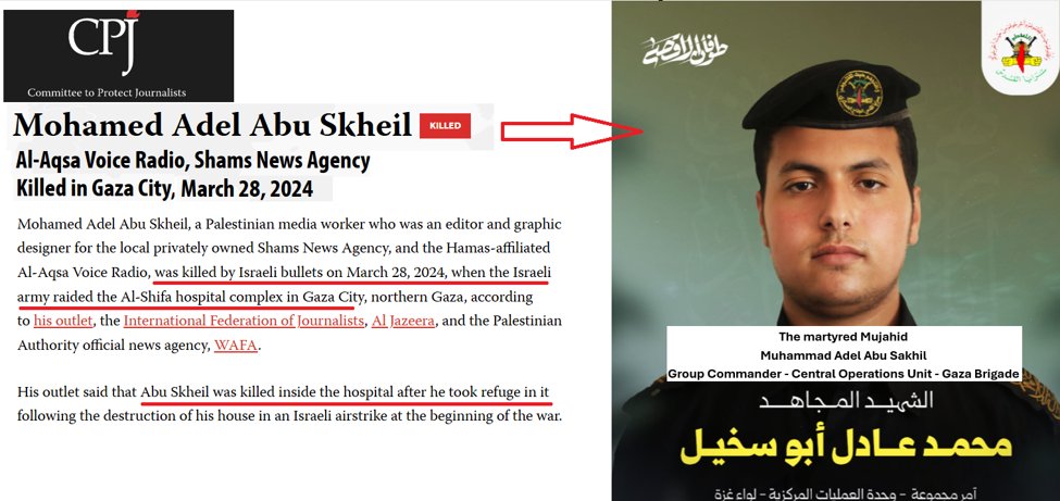 Aizenberg55's tweet photo. 🚨FAKE "journalist" Mohamed Skheil has been confirmed by PIJ as a commander, killed inside Shifa Hospital in Mar 2024. The Gaza war in a nutshell: Terrorists posing as civilians, operating from hospitals, global media runs cover for them accusing Israel of attacking hospitals. https://t.co/QOQ8vGSM7T
