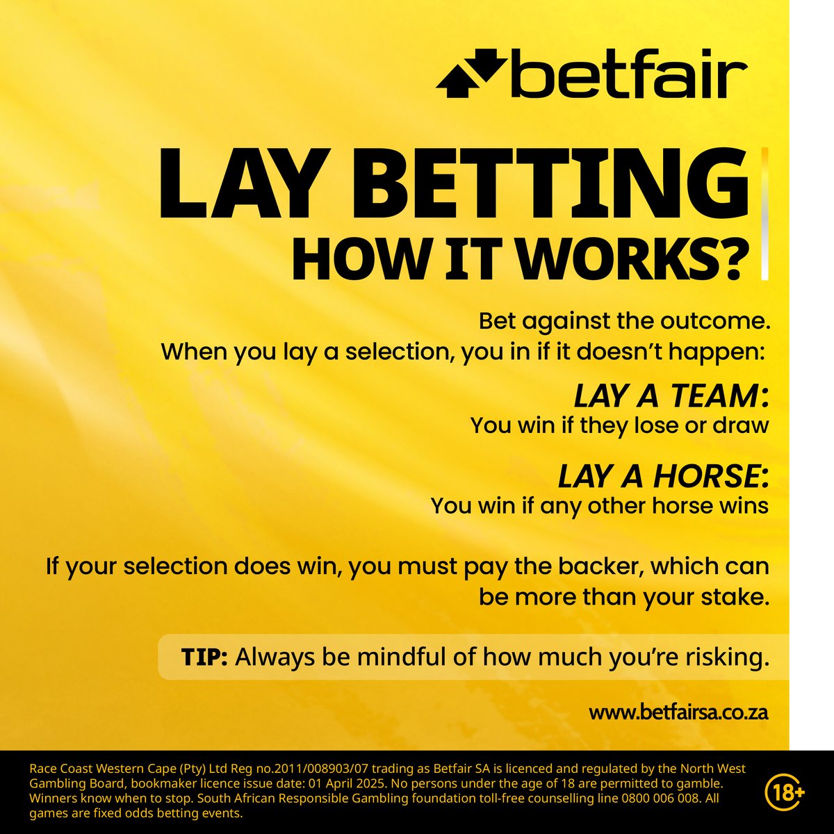 BetfairSA's tweet photo. Back it. Lay it. Own both sides of the game on the Betfair Exchange. 💡 https://t.co/xPhA3Rsn75