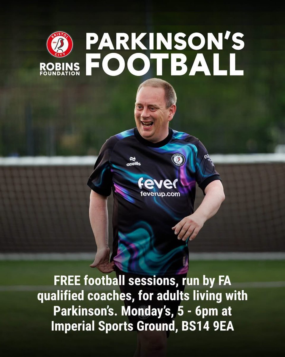 SportParkinsons's tweet photo. @RobinsFound are launching weekly sessions for adults living with Parkinson’s.

Starting Monday 29th June, sessions will run Mondays 5-6pm @Imperial_SBSC focusing on staying active through fun, free football. 

To find out more visit their website https://t.co/zloNdTKPd5

#freeactivity #InclusiveFootball #BristolCity #parkinsonsawareness #parkinsonscommuity
