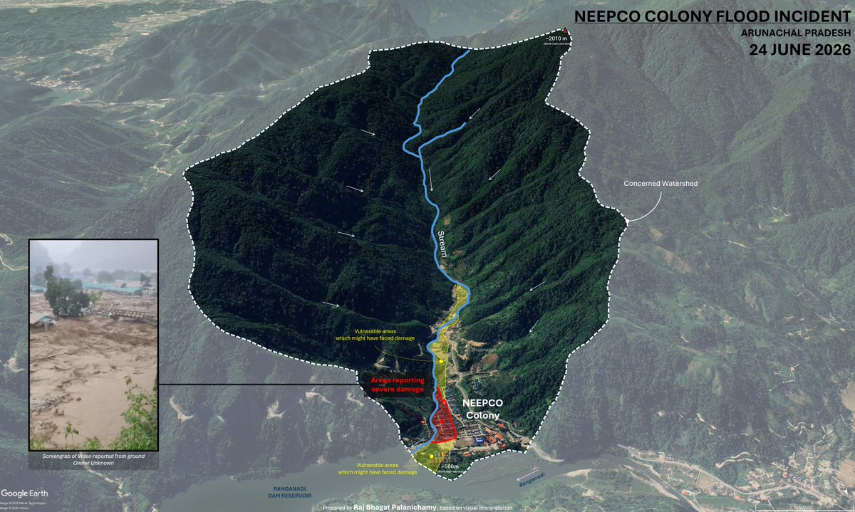 rajbhagatt's tweet photo. #Map of NEEPCO Colony near Yazali, #Arunachal Pradesh showing area reportedly damaged by extreme rainfall, intense flooding, and debris flow today.

The colony sits near the meeting of a stream with the Ranganadi river (immediately above Ranganadi dam reservoir). It is unclear where the debris flow started.

Watershed area: ~17 sq km
Stream length: ~7 km
Maximum elevation drop: ~1,450 metres

#flashfloods #landslide #floods #rain