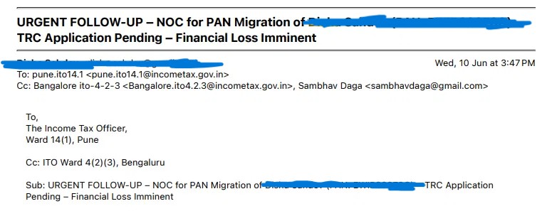 sambhavdaga's tweet photo. 45+ days of waiting for a simple NOC that the Income Tax Department itself said would take 3 days. A TRC application is now stuck in administrative limbo, causing direct financial loss. This is what citizens face with tax bureaucracy in India.

Post that mail of transfer within 3 days, there is no response. 

The assessee needs to submit the TRC by 30th June to avoid withholding of tax. 

Kindly resolve and look into this urgently @IncomeTaxIndia