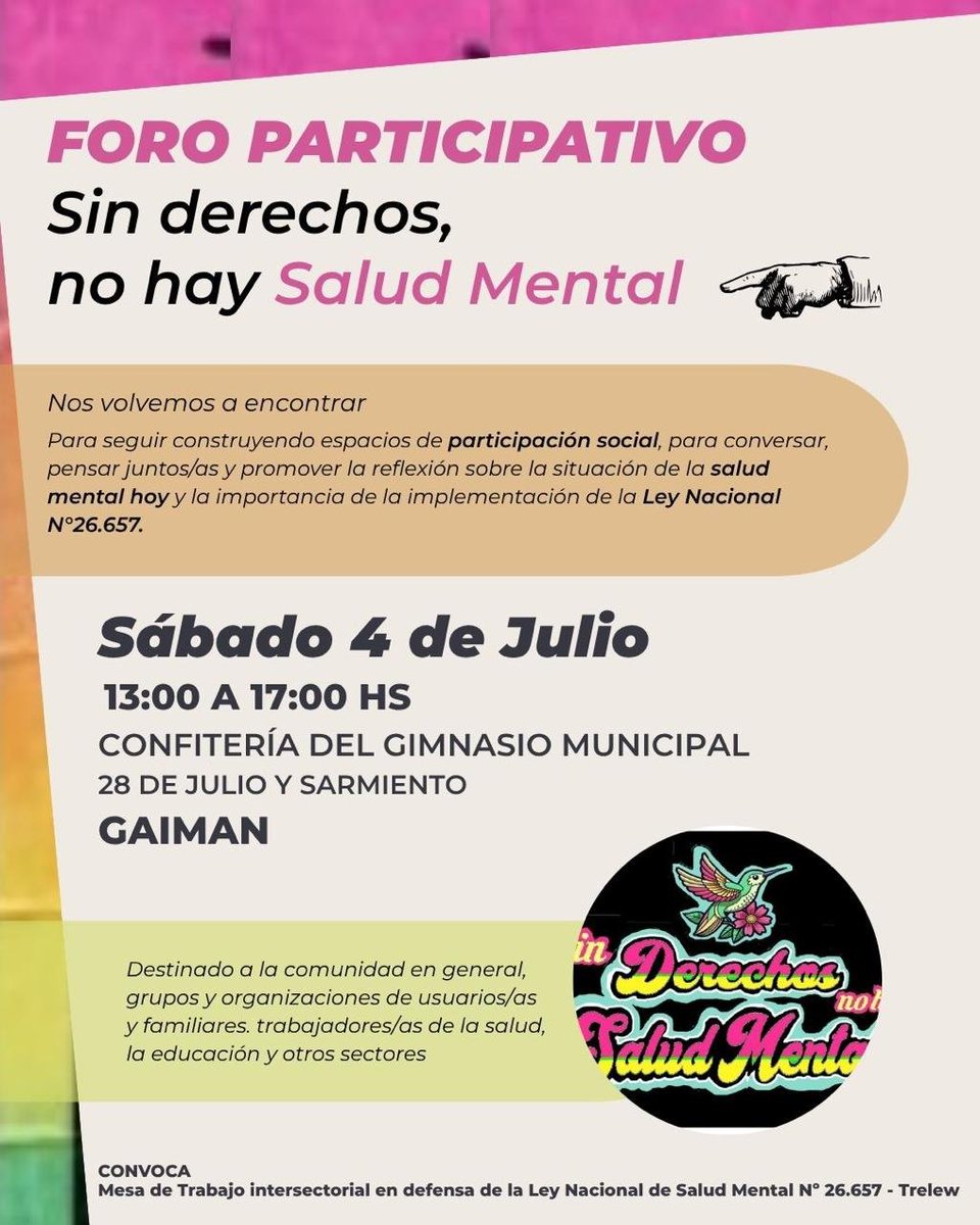 Aspergerch's tweet photo. 📣SEGUNDO FORO Participativo en Gaiman el 04/07/26
Propuesto por Mesa Intersectorial en Defensa de la Ley de Salud Mental N° 26.657 👇🏻 https://t.co/KBPvVMgBjm