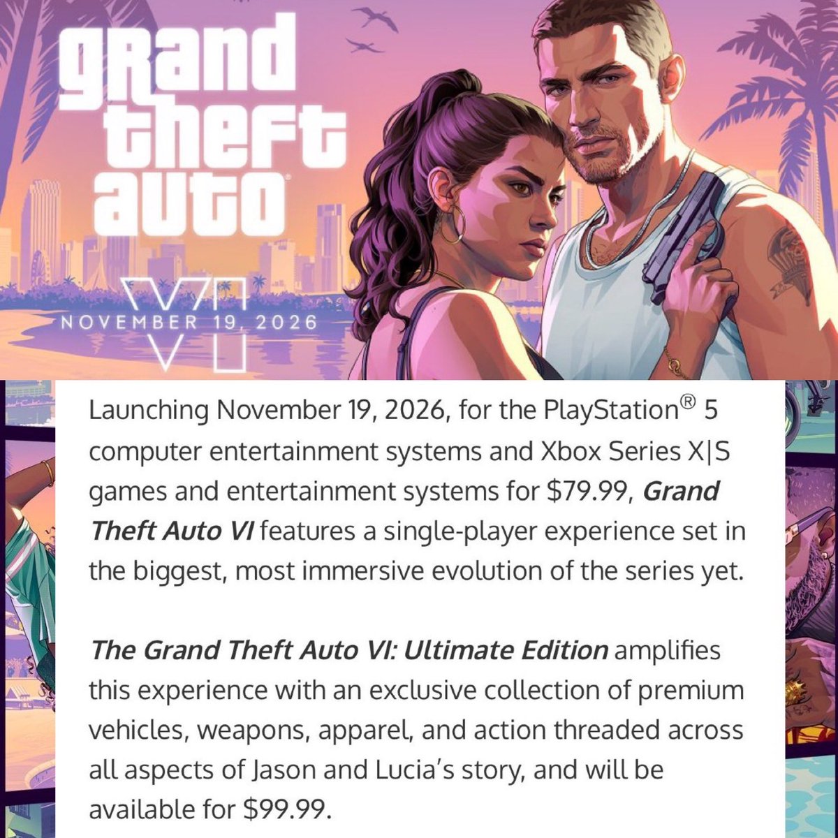 DailyLoud's tweet photo. GTA 6 is set to cost $79.99 for the Standard Edition.

The Ultimate Edition will cost $99.99 and includes exclusive vehicles, weapons, apparel, and additional in-game content.

You will be able to pre-order the game tonight at midnight! https://t.co/EOaOZaMBLe