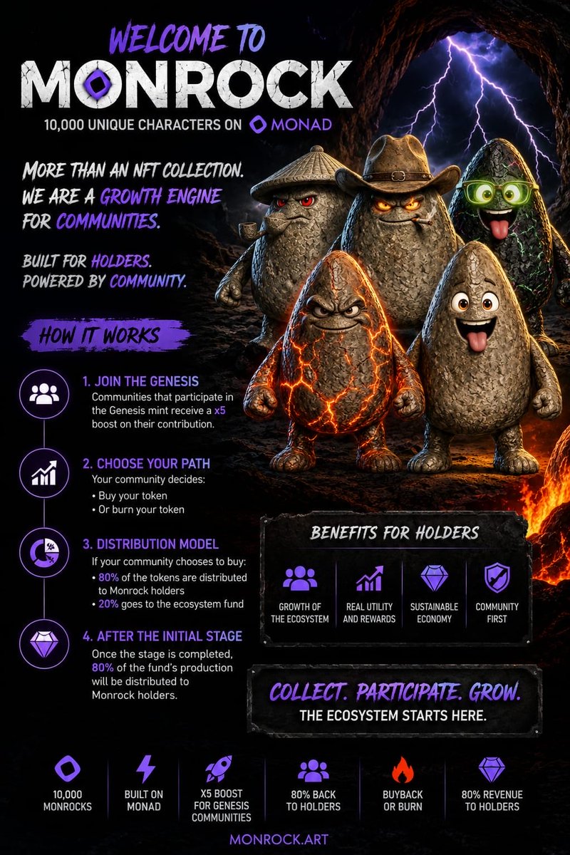 0xInfinity_0's tweet photo. THE FIRST 100 followers will get some surprises 

$Monrock isn’t just an NFT collection. 🧱🎨

It’s an ecosystem designed for communities and #holders to grow together.

🔥 10,000 unique characters. 
🧬 Genesis on $MONAD. 
🚀 5X boost for partner communities.

Are you ready? 👇
#MonadNFT #Web3 #NFTs #MonadPad #Solana
