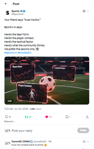 omalika21's tweet photo. @SportixAI DONE sir !!
amazing project😍 ,keep it up
@SportixAI 

@DopOzan74554 @fauzansyae87044 @AraaViky 
@VikaaAraa @araaviK 
#WorldCup2026 #SportixAI https://t.co/RjYilJJRjL