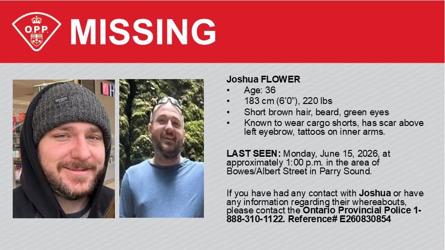 yourtvmuskoka's tweet photo. Josh was last seen in Parry Sound on Monday.  If you have any information please contact the OPP 
1-888-310-1122. @OPP_NER #missing https://t.co/g40TU29rjs