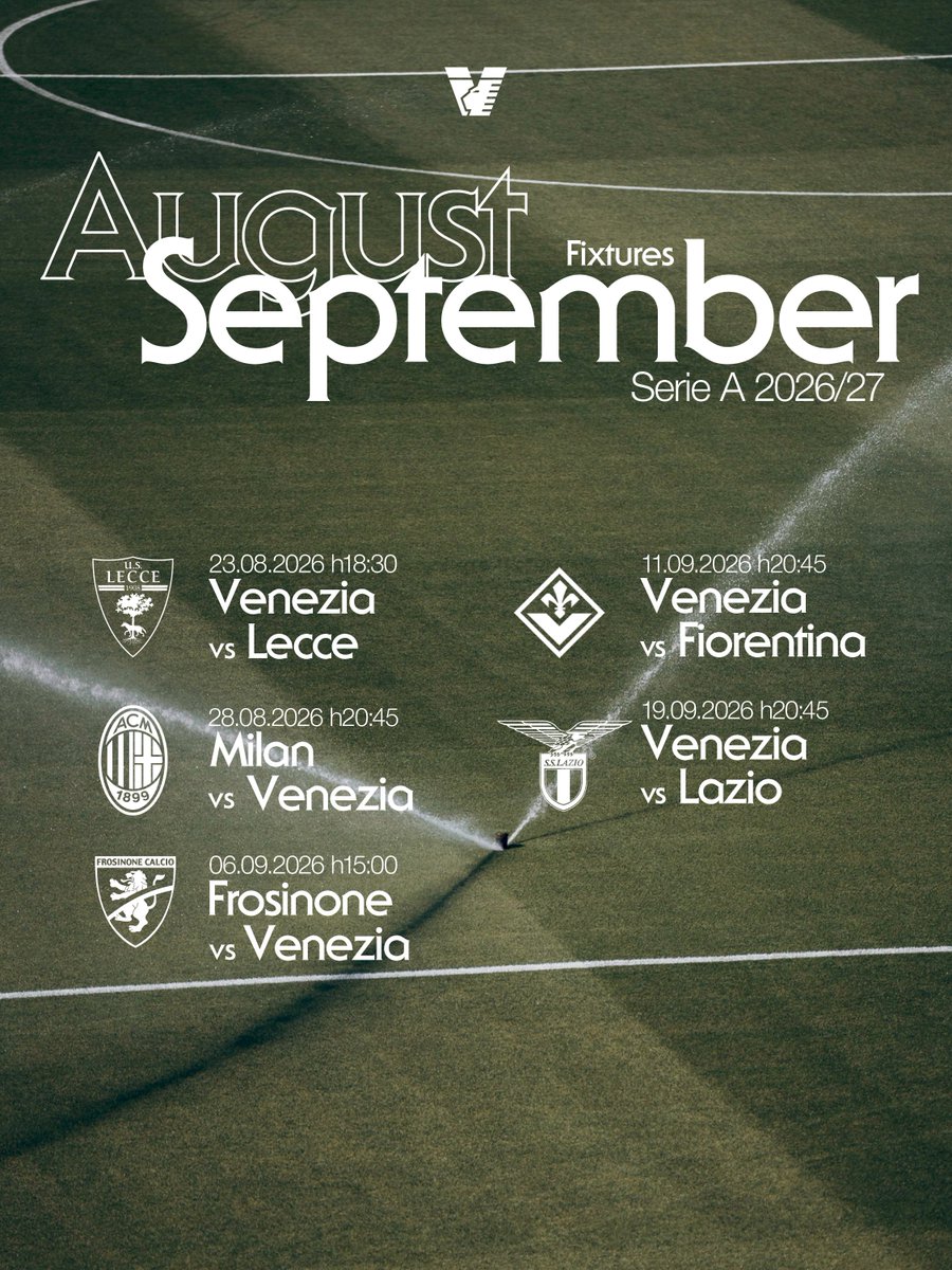VeneziaFC_IT's tweet photo. Le prime cinque giornate di Serie A 2026/27.

#ArancioNeroVerde 🟠⚫🟢 https://t.co/fcIVTrUPRB