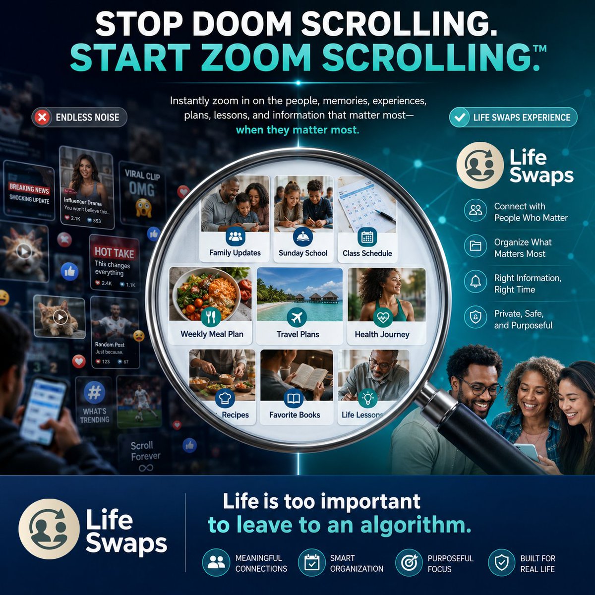 life_swaps's tweet photo. Stop Doom Scrolling. Start Zoom Scrolling.™

Life is too important to leave to an algorithm.

On Life Swaps, you can instantly zoom in on the people, memories, experiences, lessons, schedules, and information that matter most—exactly when you need them.
Less noise. More meaning. https://t.co/CHWP1ssVj4