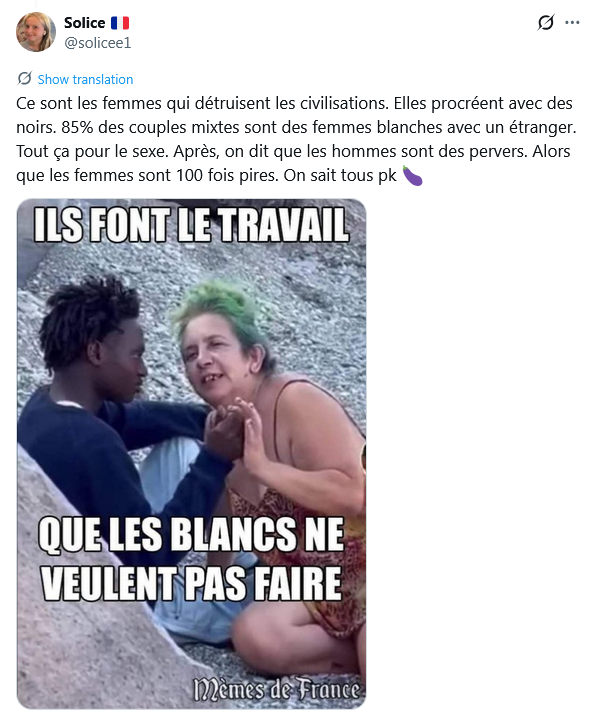 solicee1's tweet photo. @Geronimuslll Elles ont renié leur propre culture, pour une culture étrangère. Les femmes gauchistes sont des tarées. Qu'elles aillent vivre en Afrique. https://t.co/IDi4lwZ3zB
