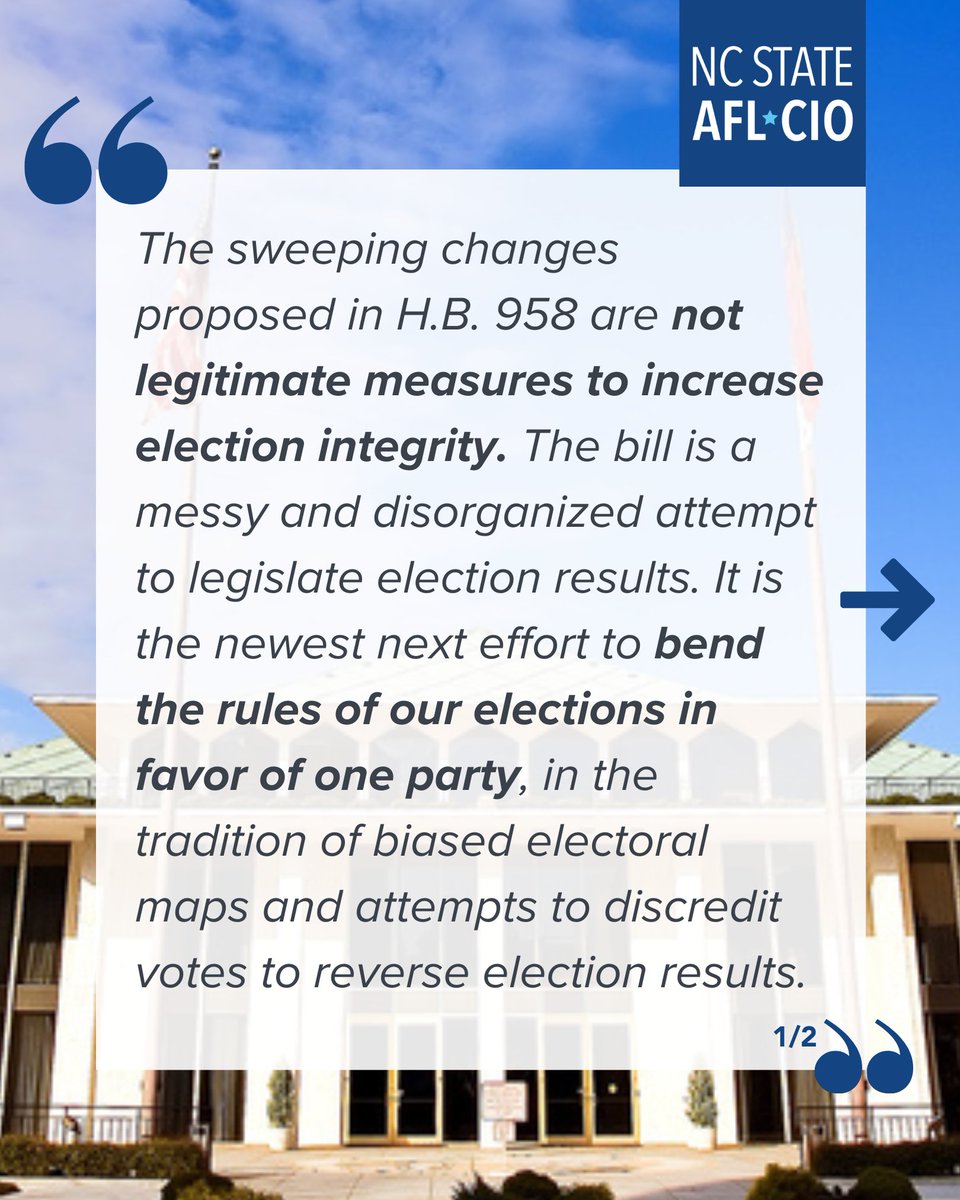 NCStateAFLCIO's tweet photo. "The bill is a messy and disorganized attempt to legislate election results." https://t.co/QxK23BEsaZ #ncga #ncpol https://t.co/cc1zNAMCGE