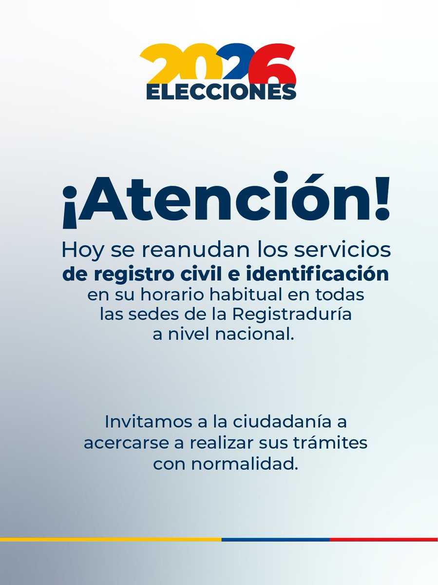 Registraduria's tweet photo. ¡Retomamos la atención!
Los servicios de registro civil e identificación vuelven a prestarse en su horario habitual en todas las sedes de la Registraduría del país. Los esperamos para realizar sus trámites con normalidad. https://t.co/eE2QFfhZWB