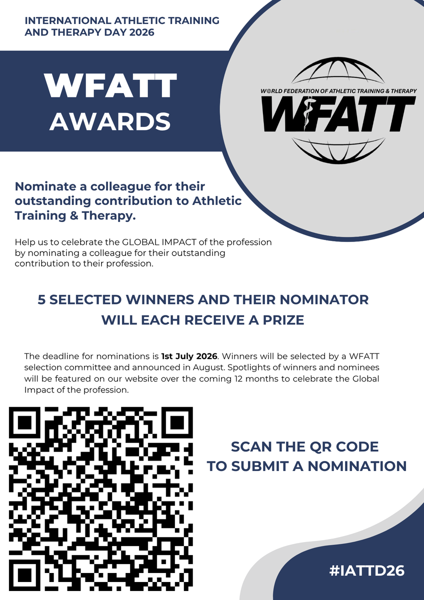 wfatt's tweet photo. ONE WEEK LEFT - Celebrate our profession’s GLOBAL IMPACT 🌍 Nominate an outstanding athletic trainer, therapist, or sports rehabilitator! 5 winners + nominators receive cash prizes + 12-month spotlight. New student category! Deadline: July 1.

https://t.co/xE3VvUbh4y https://t.co/wgS4BMwgqj