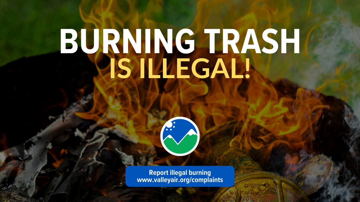 ValleyAir's tweet photo. Burning trash is illegal and can release harmful pollutants into the air we breathe. Help protect your community and public health . If you see illegal burning, report it and our team will investigate. Learn more or file a complaint at https://t.co/gCQAbdRcNF. https://t.co/WaSc8o5n39