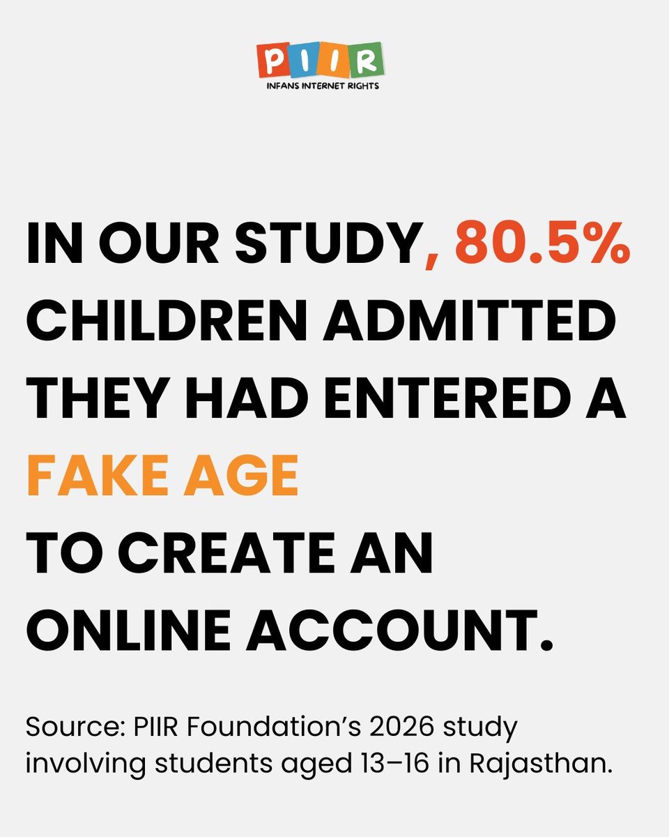 PIIRPolicy's tweet photo. Under-16 social media bans may sound tough.

But what happens when children simply appear online as adults?

Our research found that 80.5% of surveyed students aged 13–16 had entered a fake age to create an account.

@baawraman https://t.co/hpH59z5n5l