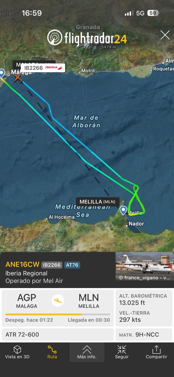 SpottersMelilla's tweet photo. 🔴#DESVIADO a #MálagaAGP el vuelo #IB8266 Málaga-Melilla (15:30-16:30) de @AirNostrumLAM operado por #MelAir.
⚠️ El desvío se produjo por nubes bajas en #MelillaMLN. https://t.co/wn3kUTSHvy
