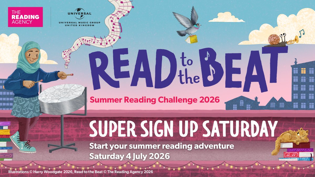 readingagency's tweet photo. Next weekend, children across England and Wales can head to their local library to sign up for the #SummerReadingChallenge 2026 and start their summer reading adventure! 📚https://t.co/KthNWZOR88

#GoAllIn2026 #NationalYearOfReading2026 @UATUMG #ReadToTheBeat https://t.co/wxK92fifSn