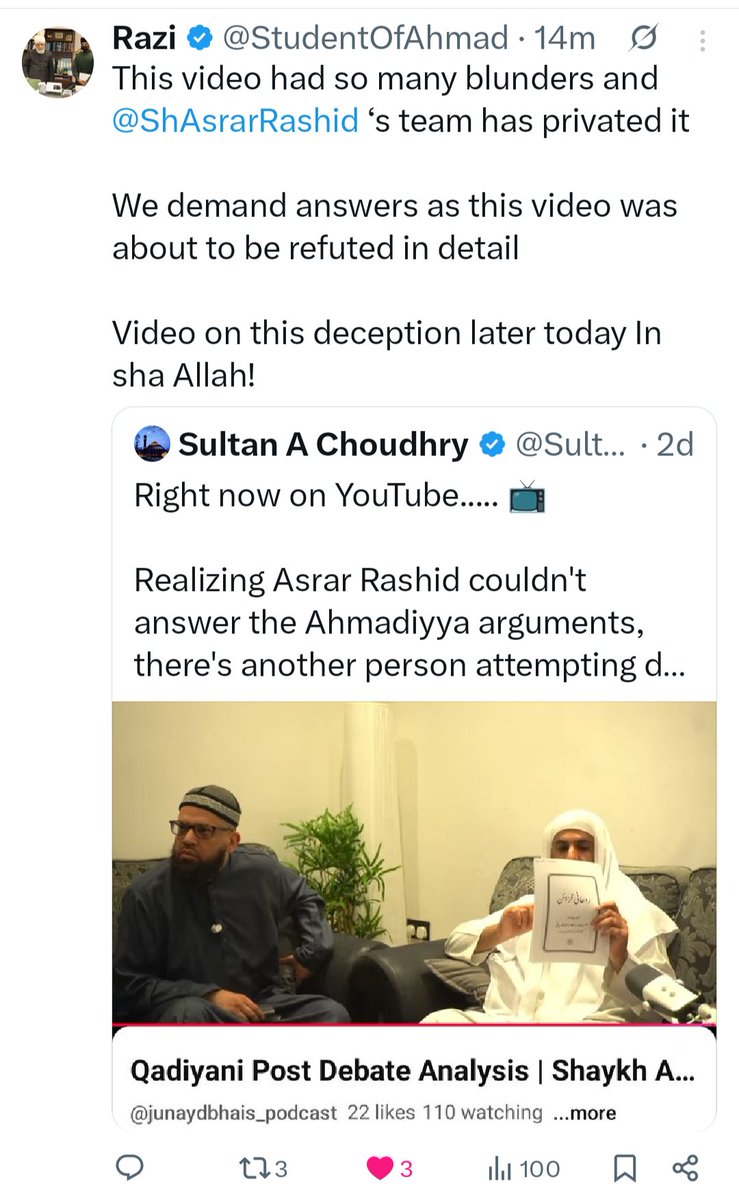 SultanAChoudhr1's tweet photo. HAHAHA......LOL 

Asrar Rashid & Co published a lengthy post-debate analysis that contained even more academic blunders.  

@StudentOfAhmad started exposing them one by one. 

@ShAsrarRashid & team deleted their video. 🤣

The Veteran Barelvi scholar is officially on the run & hiding. 

زَهَقَ ٱلۡبَٰطِلُۚ إِنَّ ٱلۡبَٰطِلَ كَانَ زَهُوقٗا
